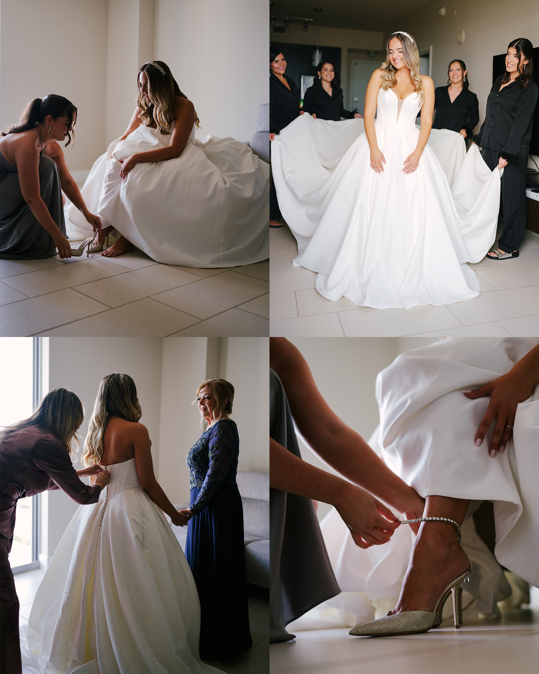 Bride putting on wedding dress